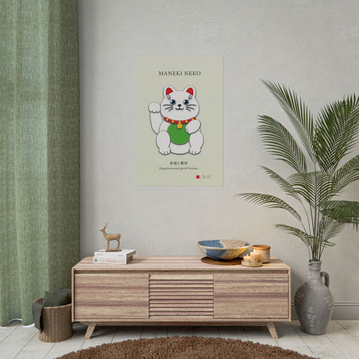 White Maneki-Neko Kirigami Style Art Rolled Posters