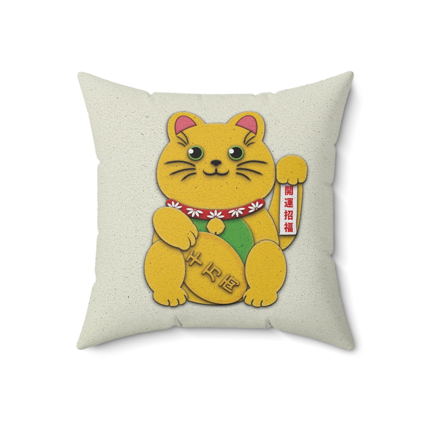 Gold Left Paw Maneki-Neko Spun Polyester Square Pillow