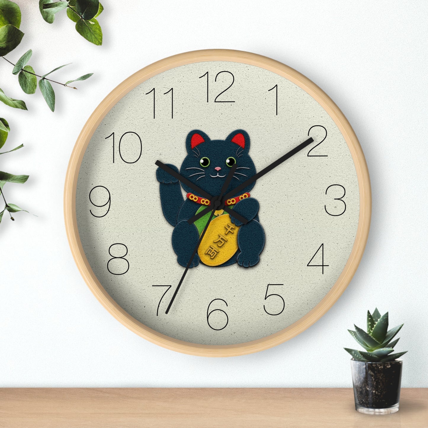 Black Maneki-Neko Warding Off Evil and Bringing Good Health Wall Clock - vrmediadecor.vrmedia.com.au
