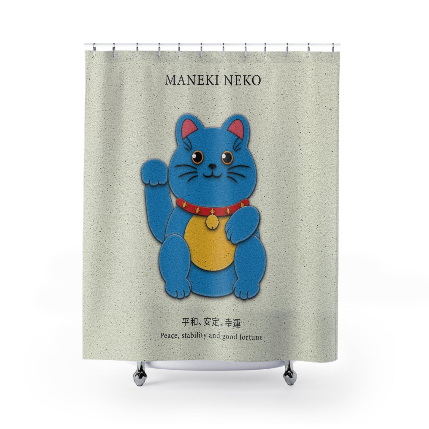 Blue Maneki-Neko Bringing Peace, Stability Shower Curtain - vrmediadecor.vrmedia.com.au