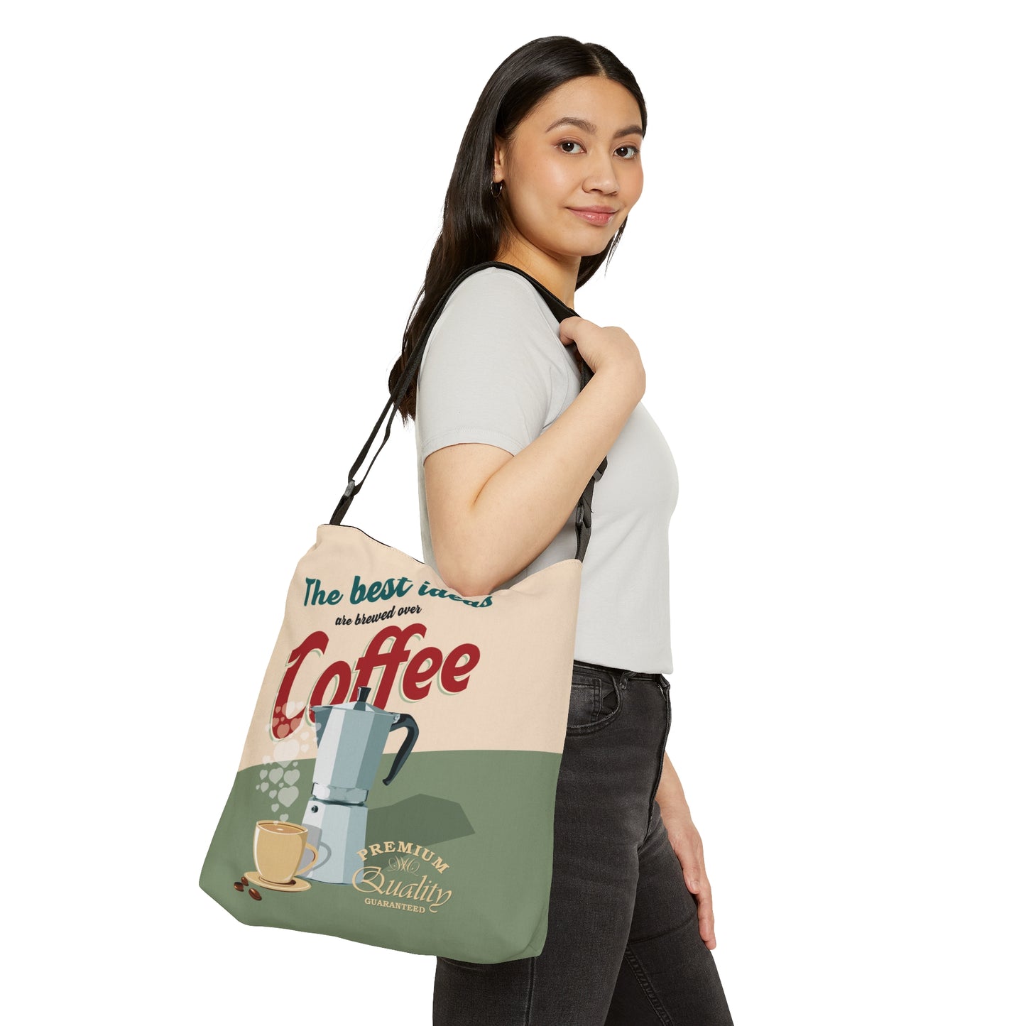 The Best Ideas Are Brewed Over Coffee Adjustable Tote Bag