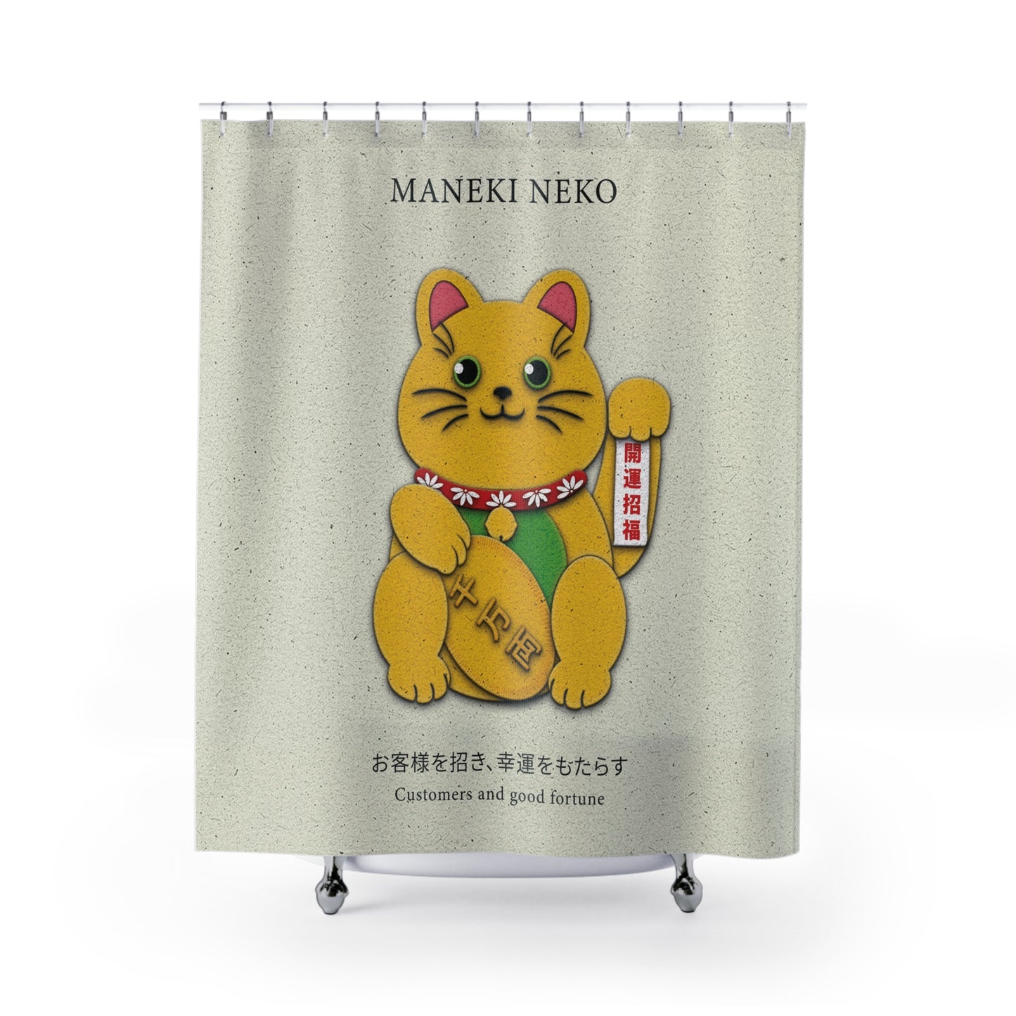 Gold Left Paw Maneki-Neko - Shower Curtain - vrmediadecor.vrmedia.com.au