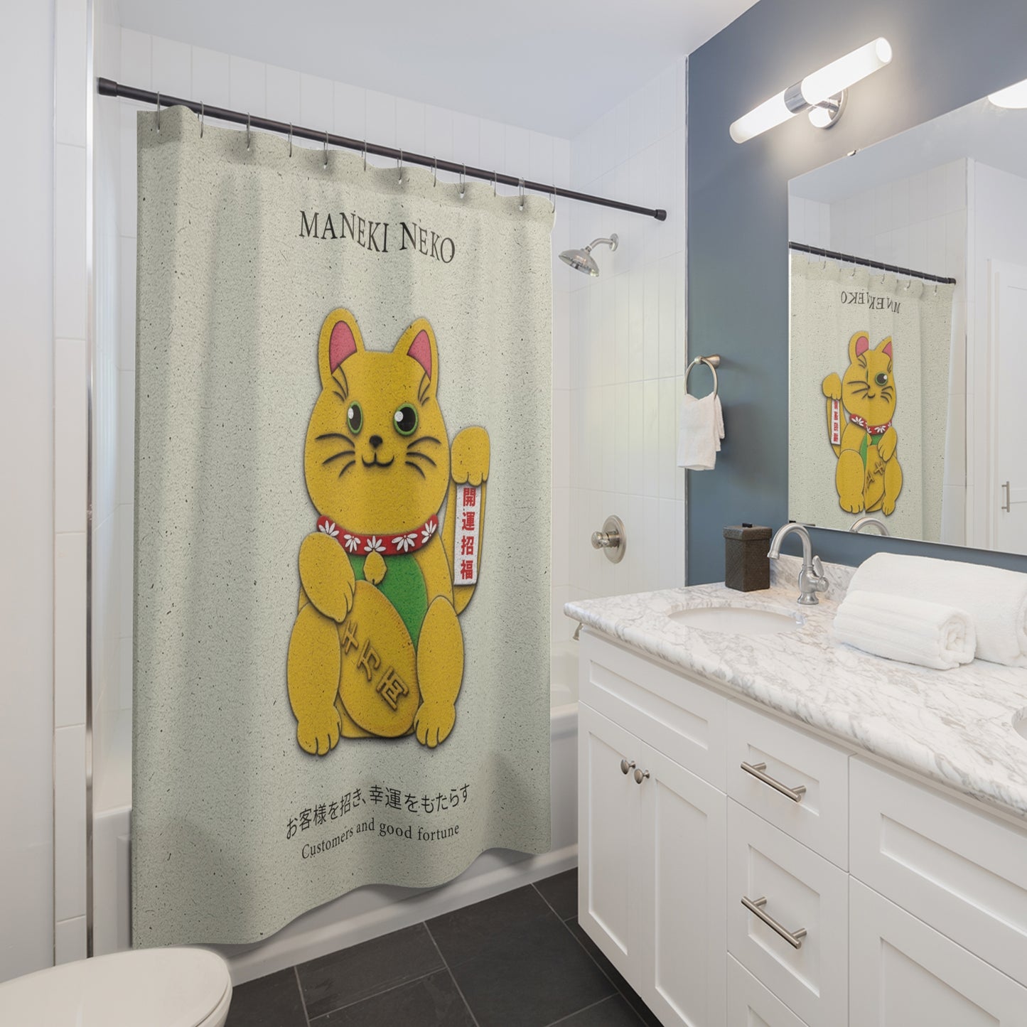 Gold Left Paw Maneki-Neko - Shower Curtain - vrmediadecor.vrmedia.com.au