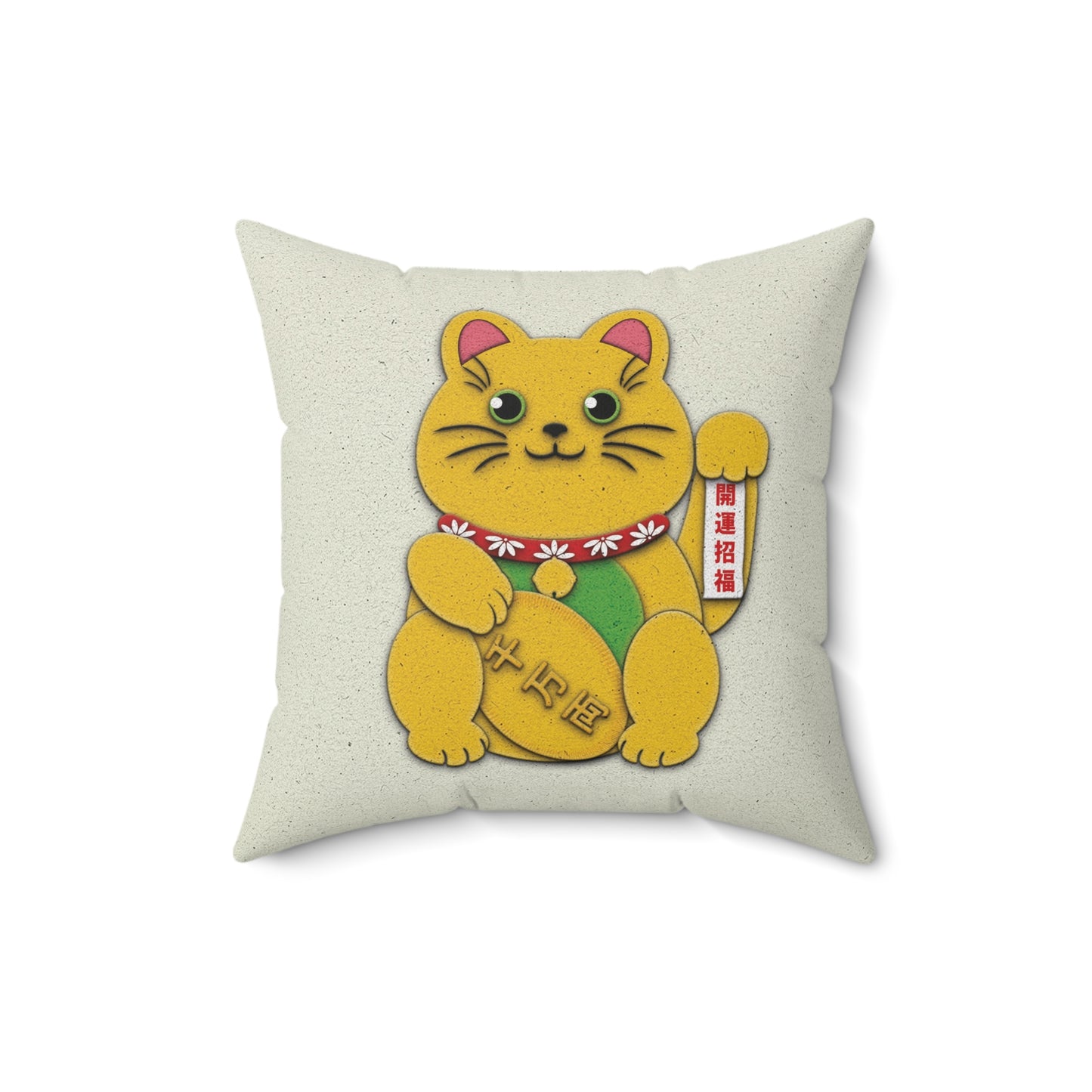 Gold Left Paw Maneki-Neko Spun Polyester Square Pillow
