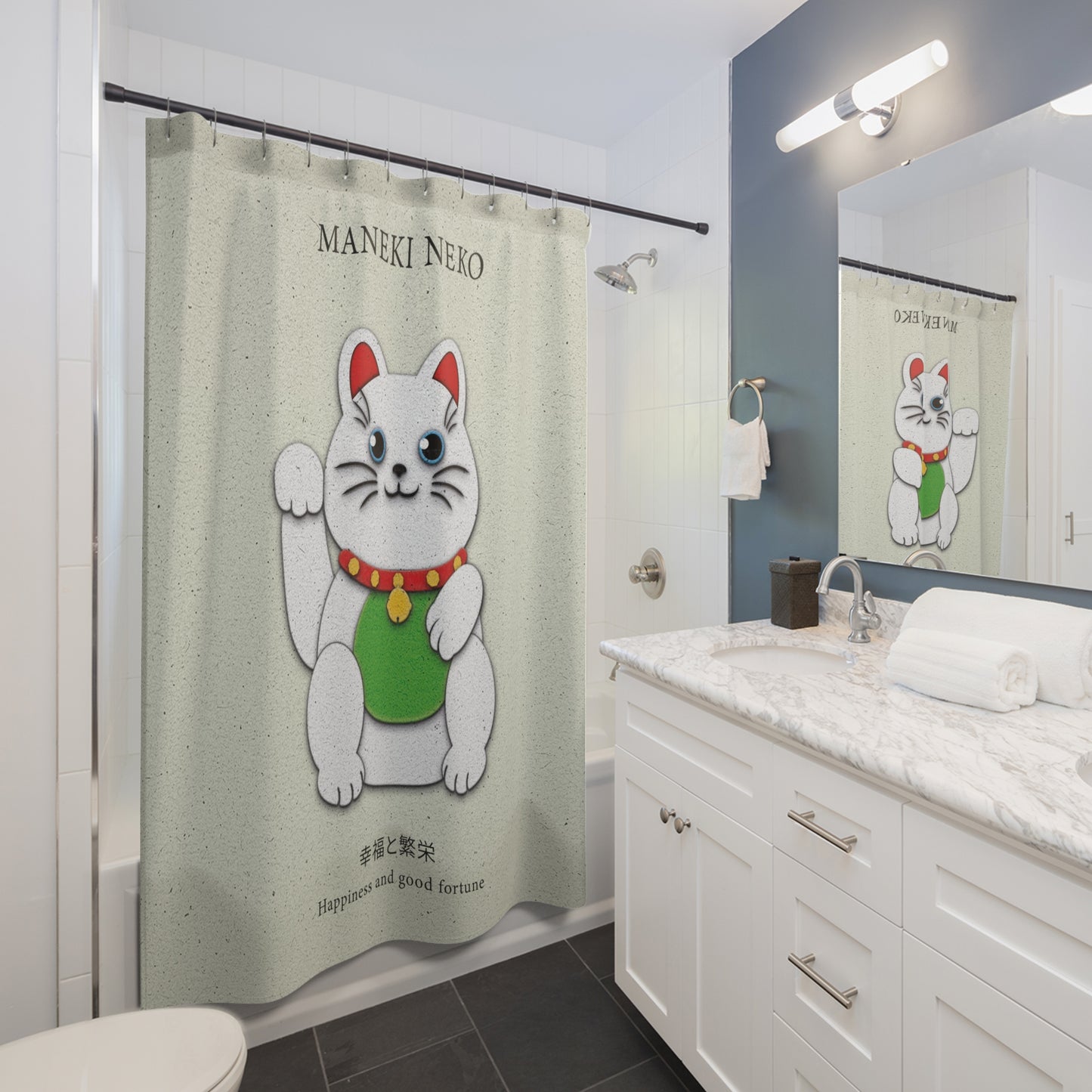 White Maneki-Neko Providing Purity and Happiness - Shower Curtain - vrmediadecor.vrmedia.com.au