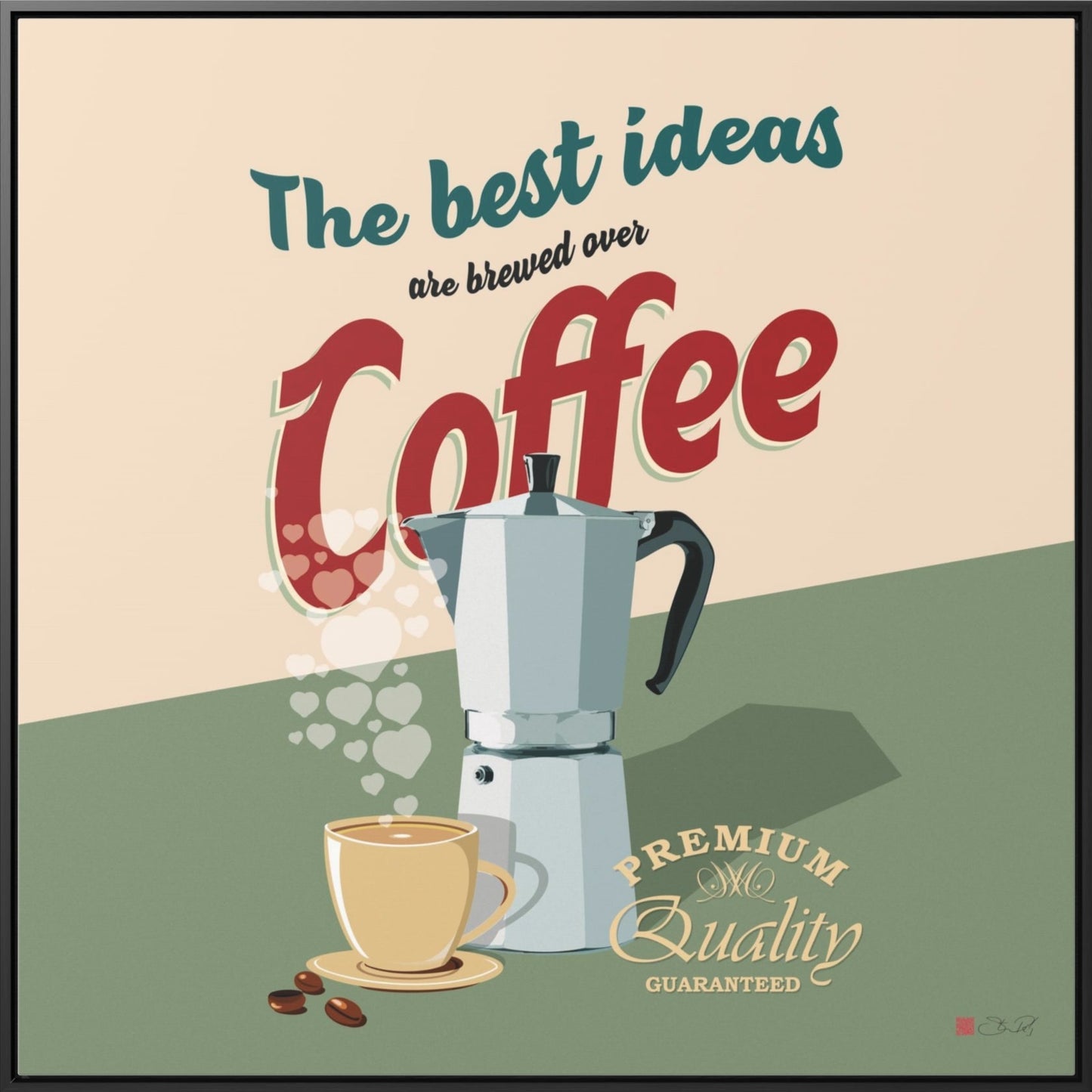 36x36" Framed Canvas Print: "The best ideas are brewed over coffee" - vrmediadecor.vrmedia.com.au