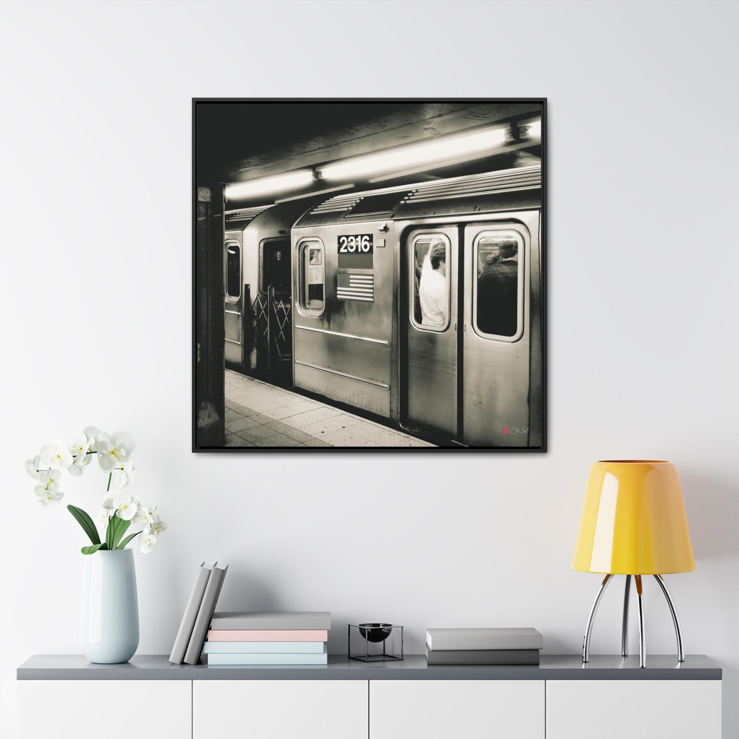 36x36" Framed Canvas Print: "Retro Subway Train 2316 BW" - vrmediadecor.vrmedia.com.au
