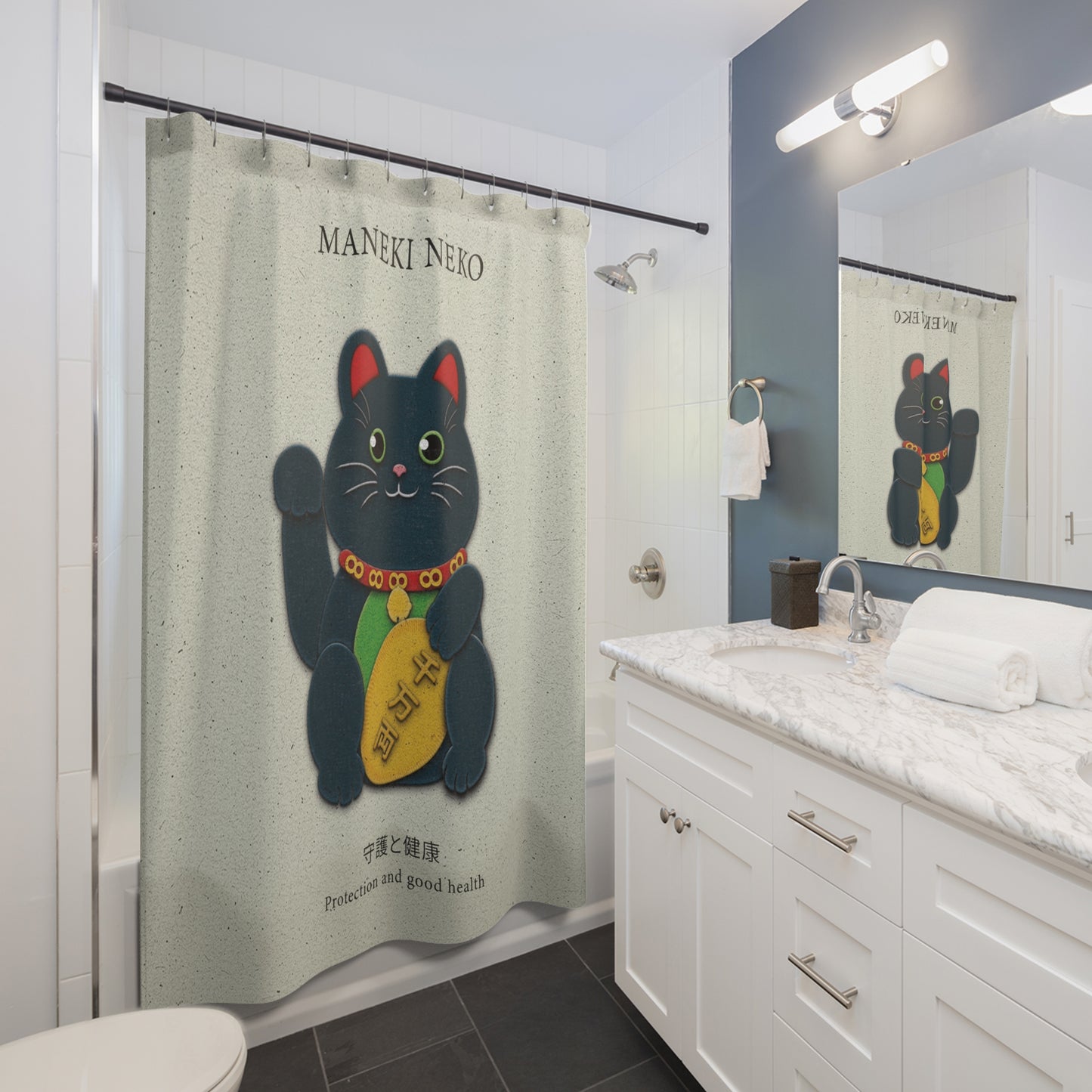 Black Maneki-Neko Warding Off Evil and Bringing Good Health Shower Curtains - vrmediadecor.vrmedia.com.au