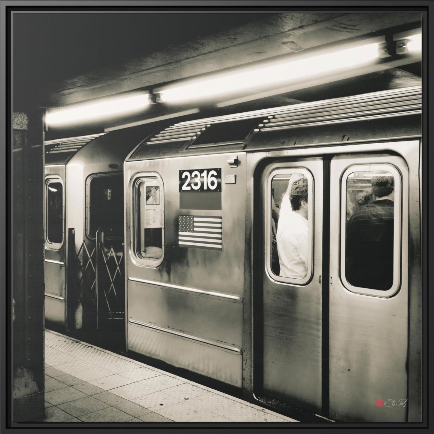 32x32" Framed Canvas: "Retro Subway Train 2316 BW"