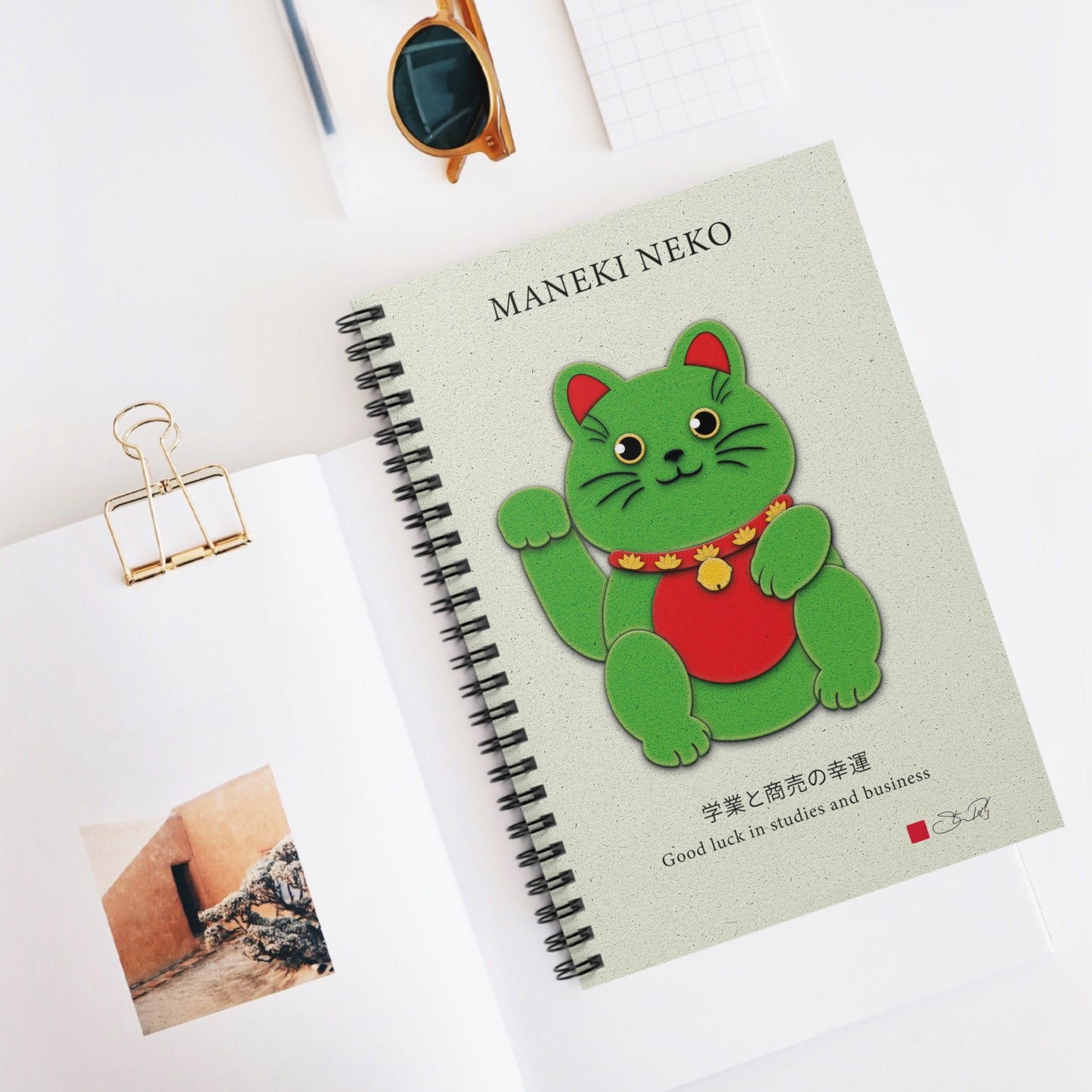 Green Maneki-Neko Promoting Growth and Success Spiral Notebook - Ruled Line - vrmediadecor.vrmedia.com.au