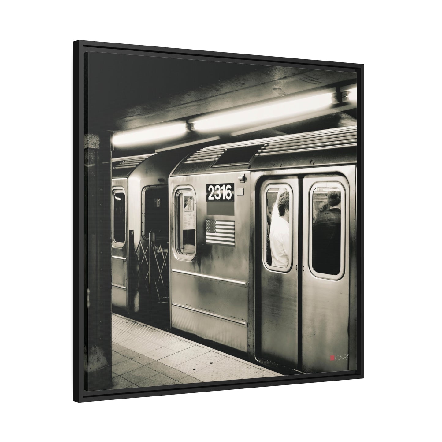 32x32" Framed Canvas: "Retro Subway Train 2316 BW"