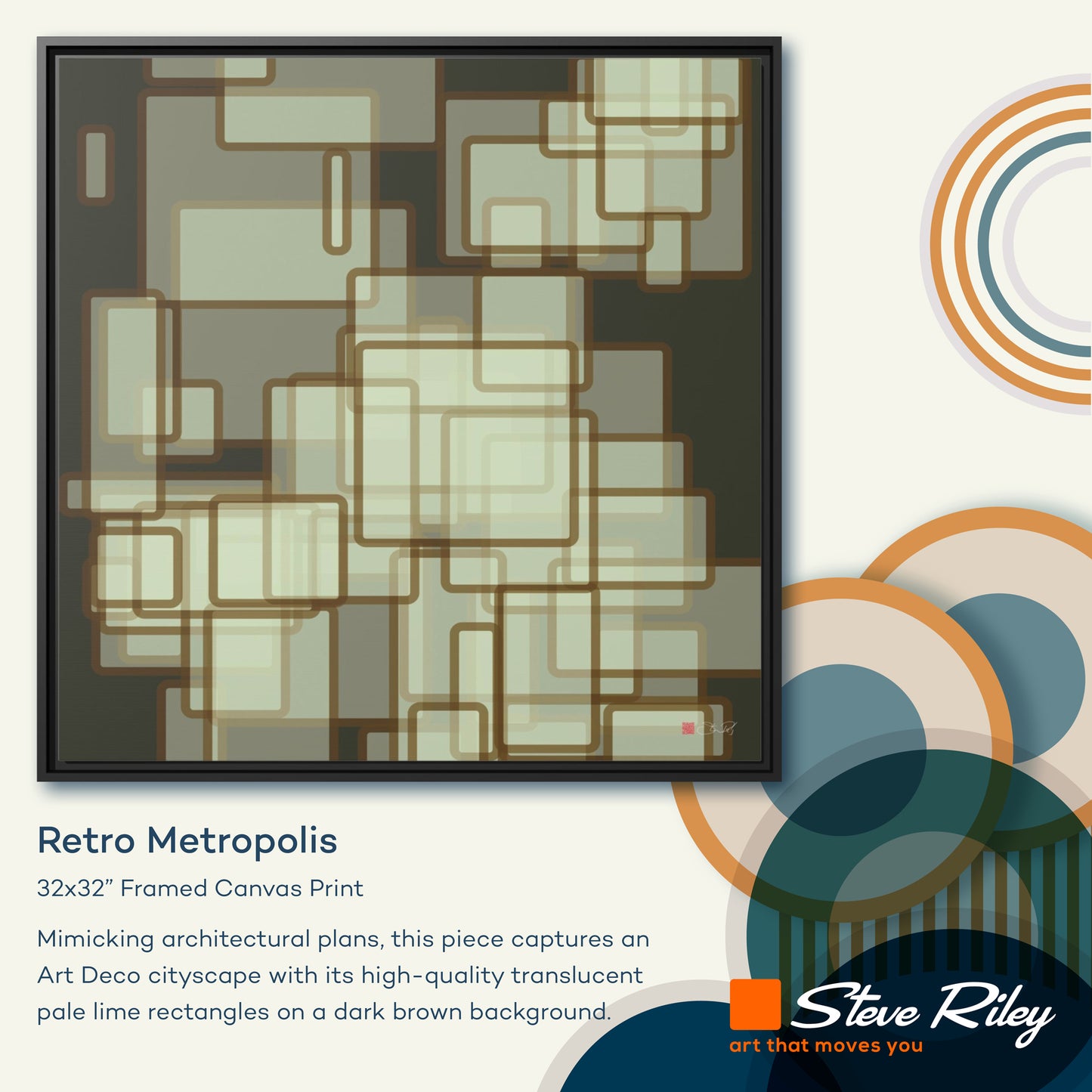 32x32" Framed Canvas: "Retro Metropolis"