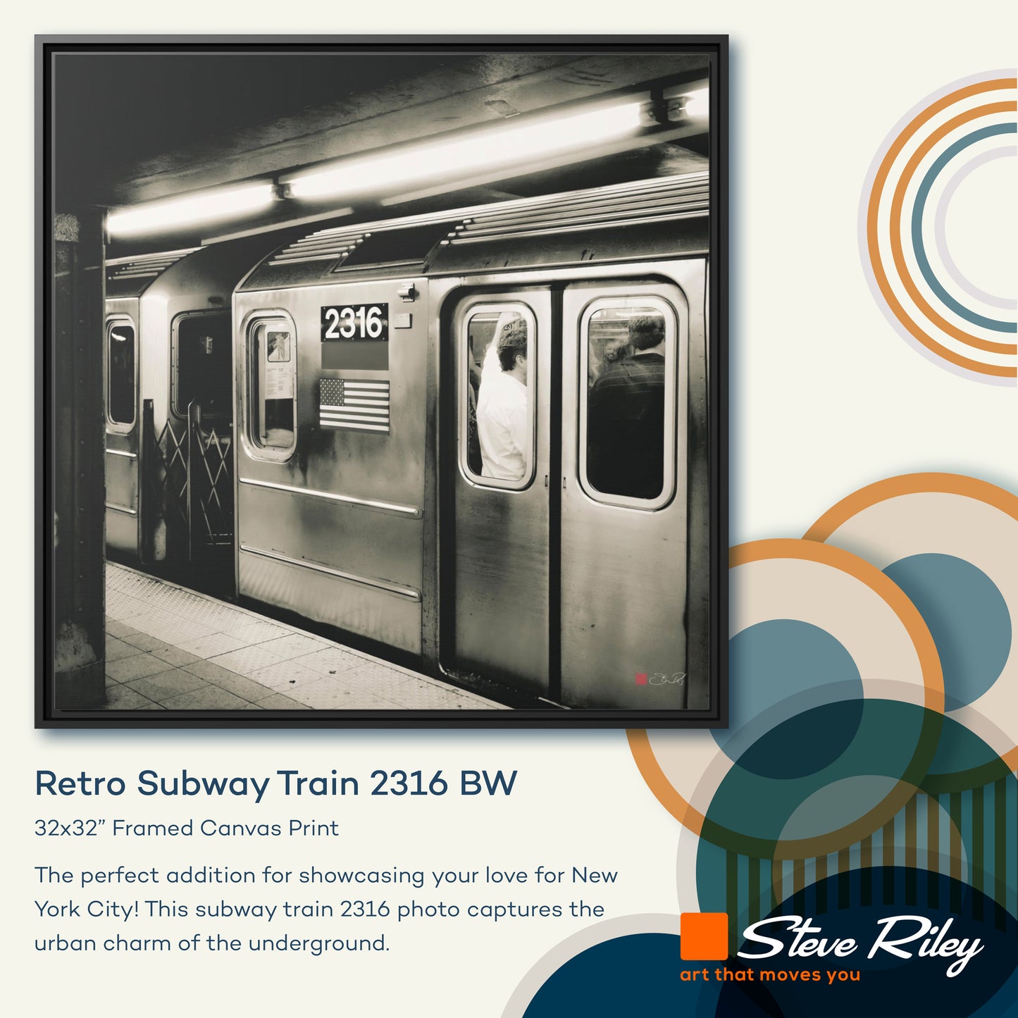 32x32" Framed Canvas: "Retro Subway Train 2316 BW"