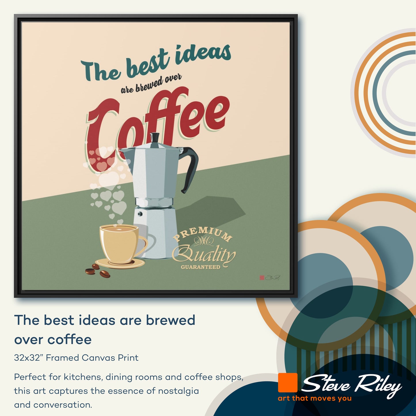 32x32" Framed Canvas: "The best ideas are brewed over coffee"