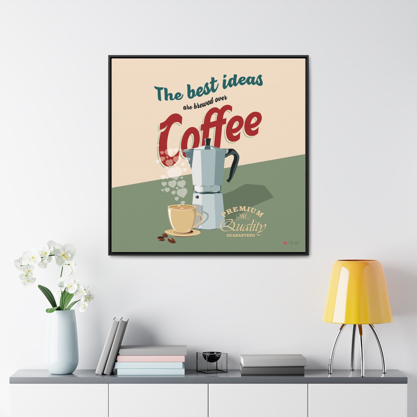 36x36" Framed Canvas Print: "The best ideas are brewed over coffee" - vrmediadecor.vrmedia.com.au