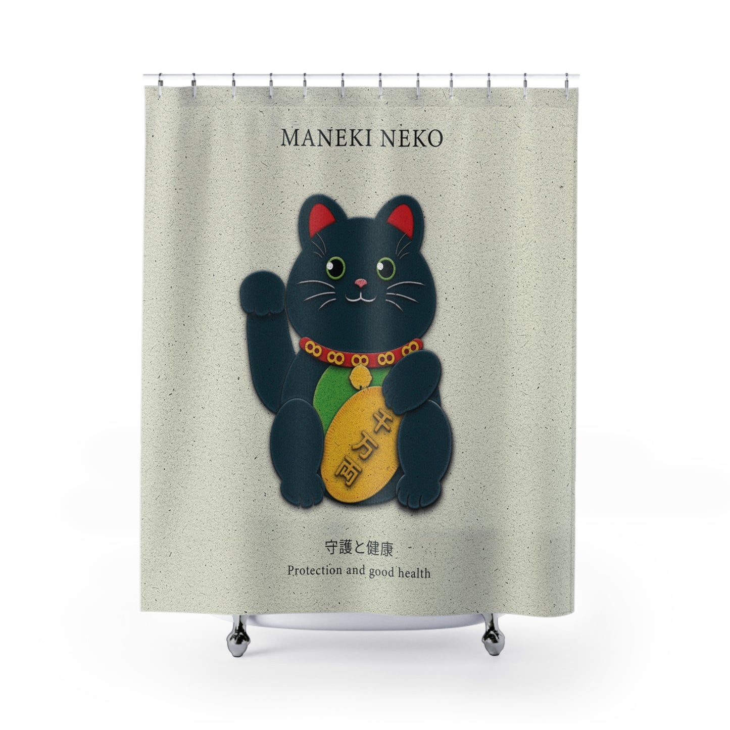 Black Maneki-Neko Warding Off Evil and Bringing Good Health Shower Curtains - vrmediadecor.vrmedia.com.au