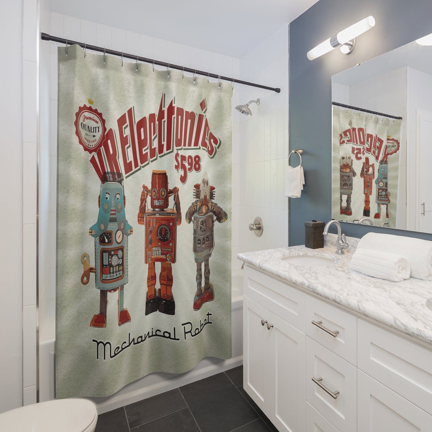 3 Wise Robots Shower Curtain - vrmediadecor.vrmedia.com.au