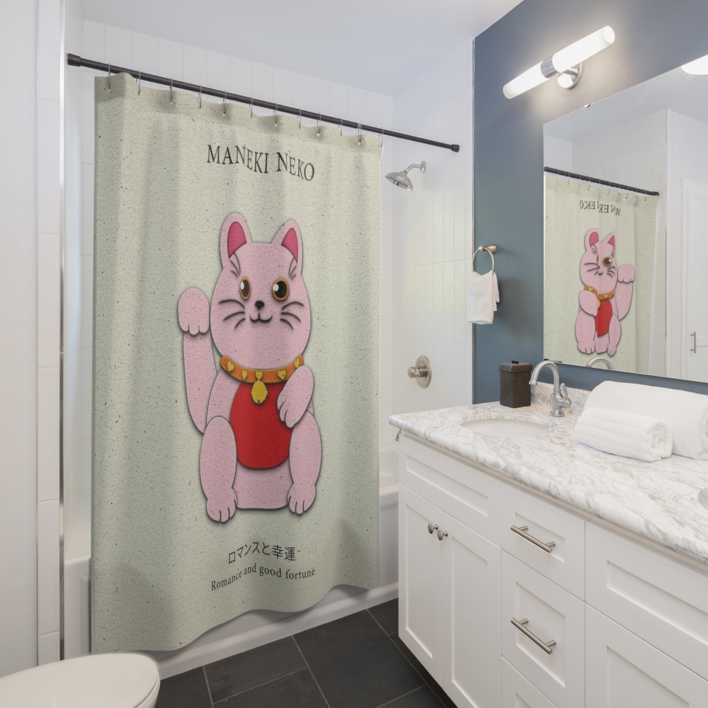 Pink Maneki-Neko Spreading Love and Romance - Shower Curtain - vrmediadecor.vrmedia.com.au