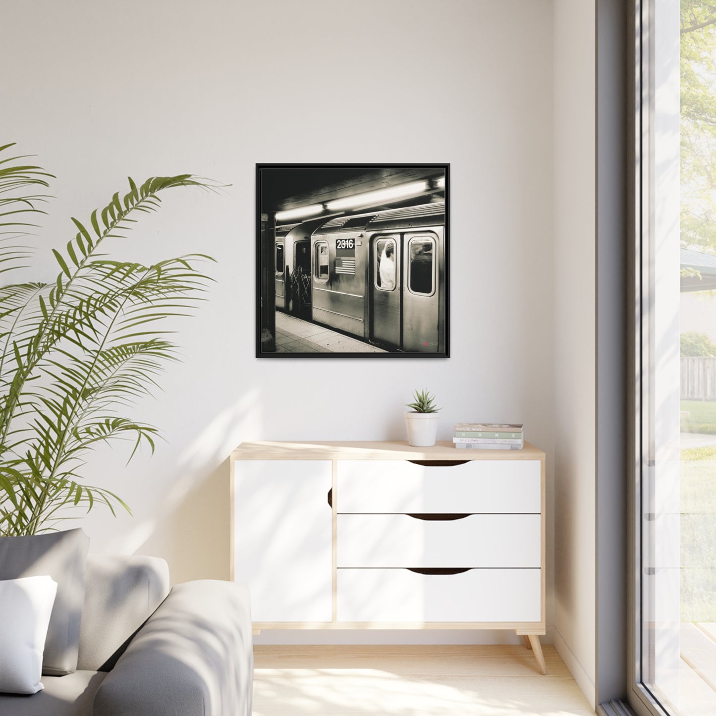 32x32" Framed Canvas: "Retro Subway Train 2316 BW"