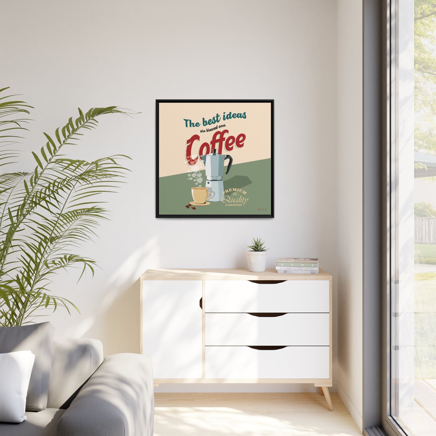 32x32" Framed Canvas: "The best ideas are brewed over coffee"