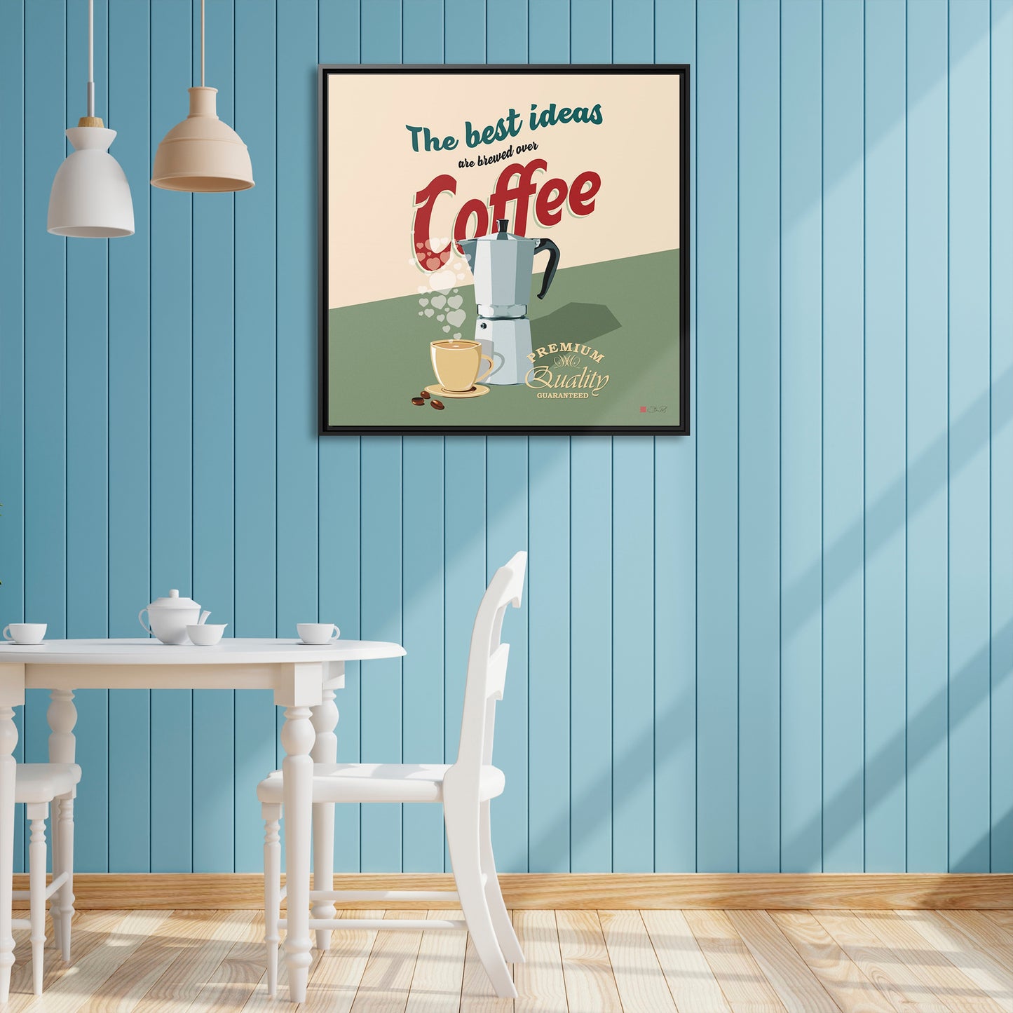 32x32" Framed Canvas: "The best ideas are brewed over coffee"
