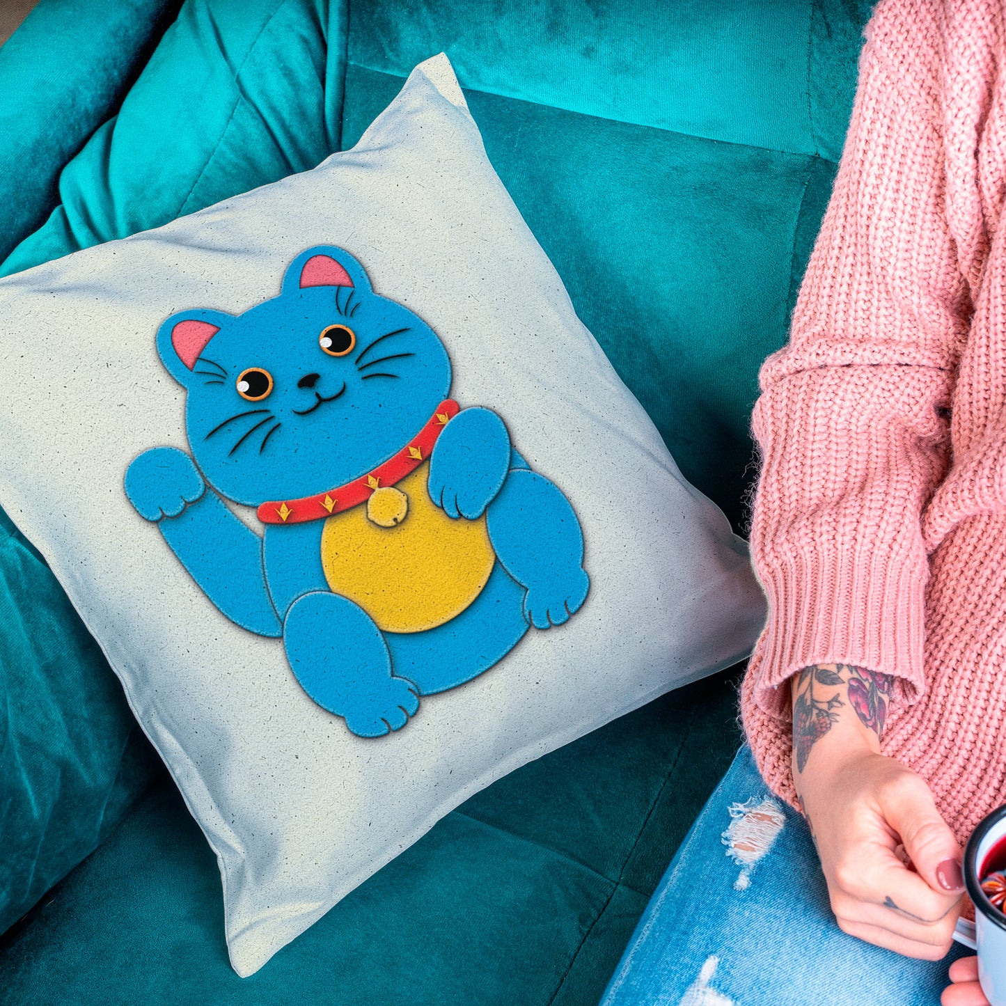 Blue Maneki-Neko Spun Polyester Square Pillow - vrmediadecor.vrmedia.com.au