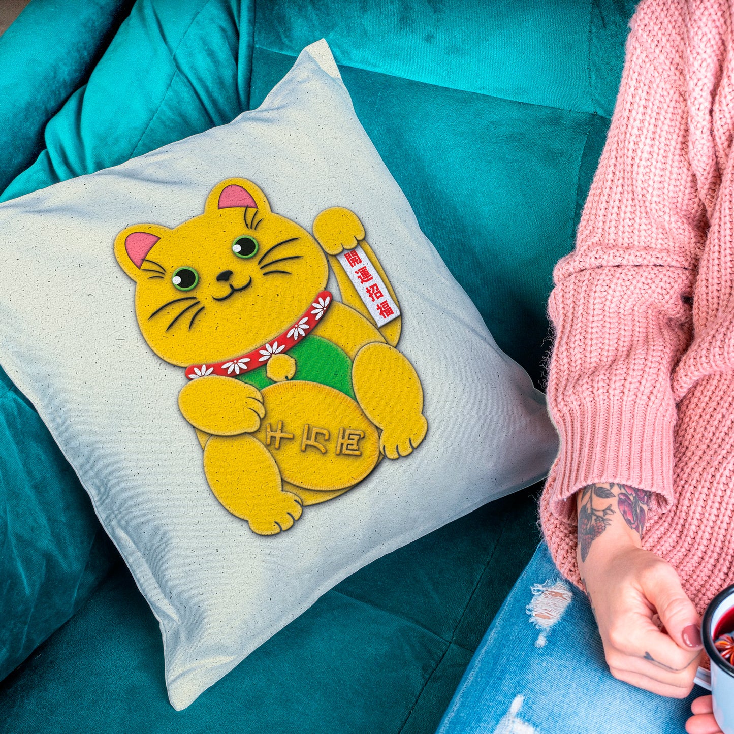 Gold Left Paw Maneki-Neko Spun Polyester Square Pillow