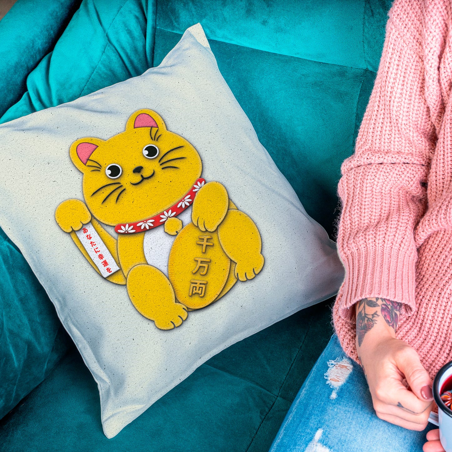 Gold Right Paw Maneki-Neko Spun Polyester Square Pillow