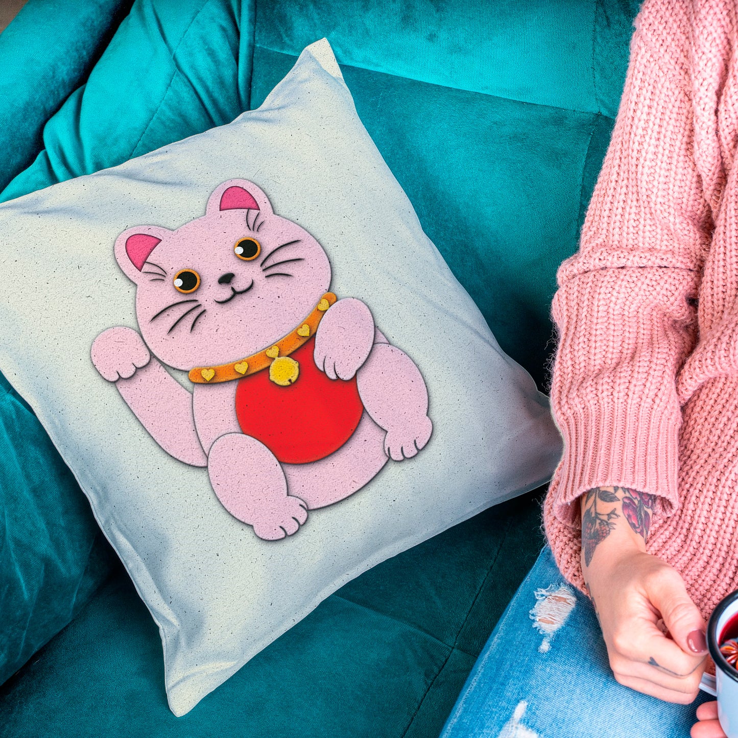 Pink Maneki-Neko - Throw Pillow - vrmediadecor.vrmedia.com.au