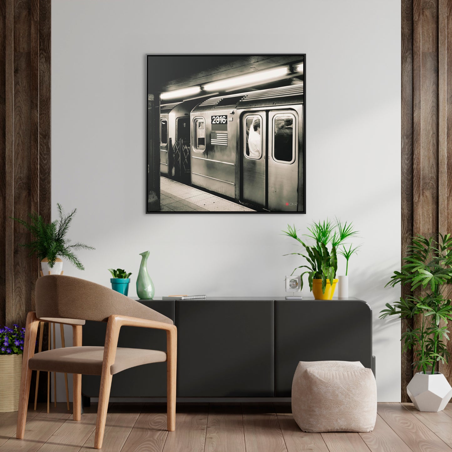 32x32" Framed Canvas: "Retro Subway Train 2316 BW"