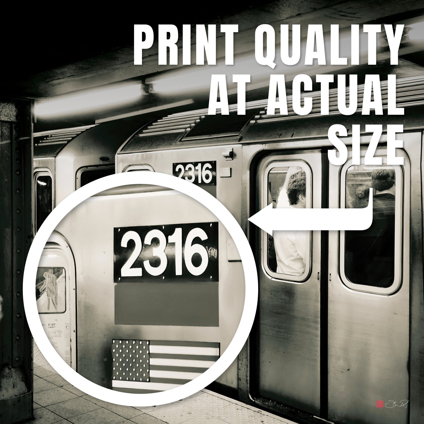 32x32" Framed Canvas: "Retro Subway Train 2316 BW"