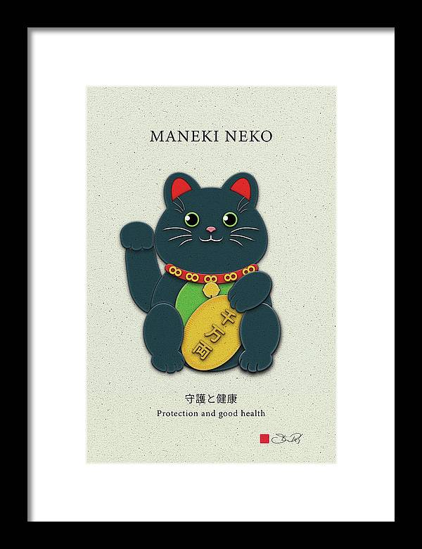 Black Maneki-Neko Warding Off Evil and Bringing Good Health - Framed Print - vrmediadecor.vrmedia.com.au