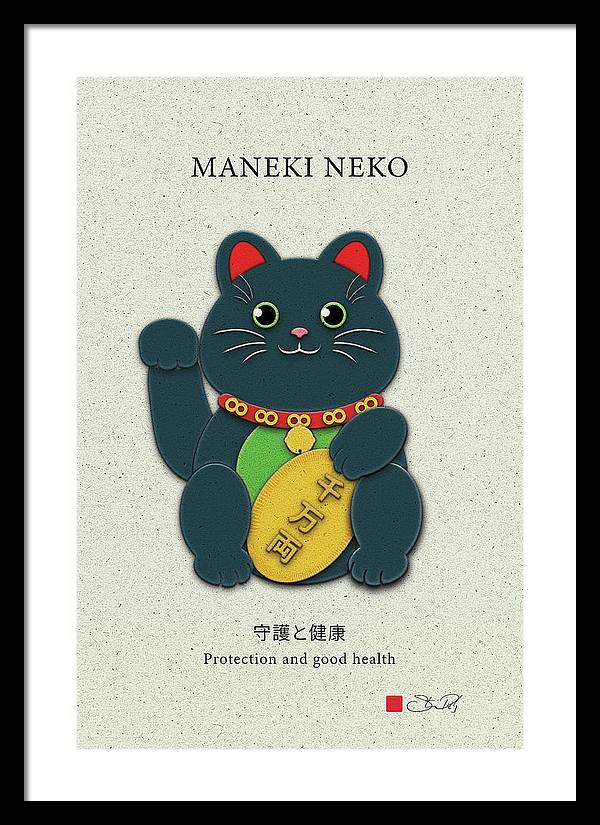 Black Maneki-Neko Warding Off Evil and Bringing Good Health - Framed Print - vrmediadecor.vrmedia.com.au