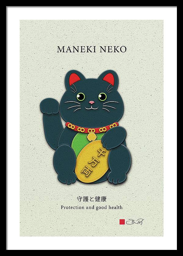 Black Maneki-Neko Warding Off Evil and Bringing Good Health - Framed Print - vrmediadecor.vrmedia.com.au