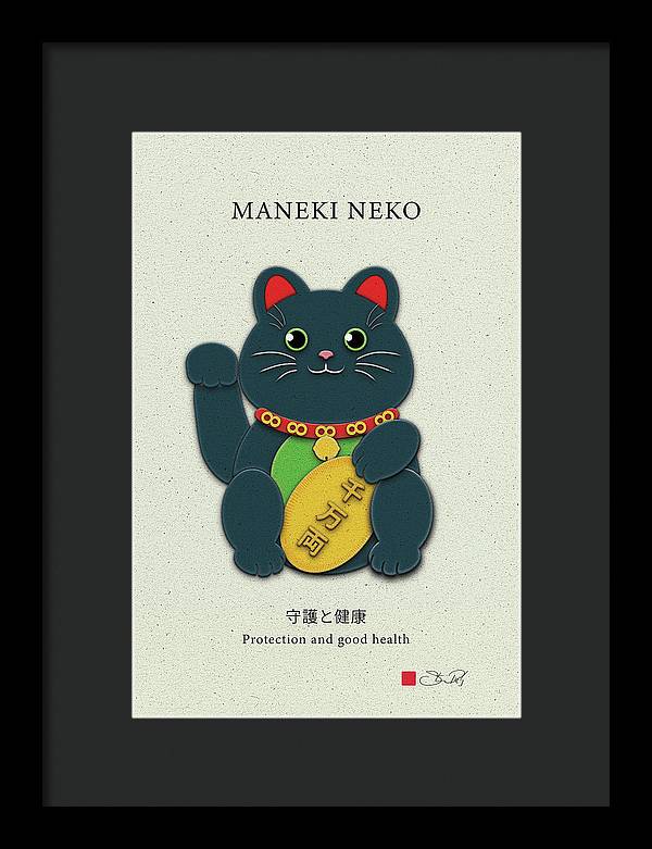 Black Maneki-Neko Warding Off Evil and Bringing Good Health - Framed Print - vrmediadecor.vrmedia.com.au