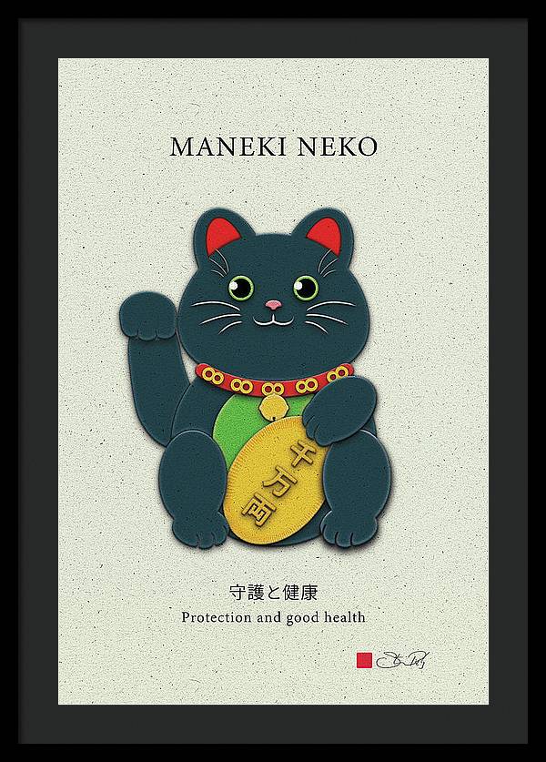 Black Maneki-Neko Warding Off Evil and Bringing Good Health - Framed Print - vrmediadecor.vrmedia.com.au