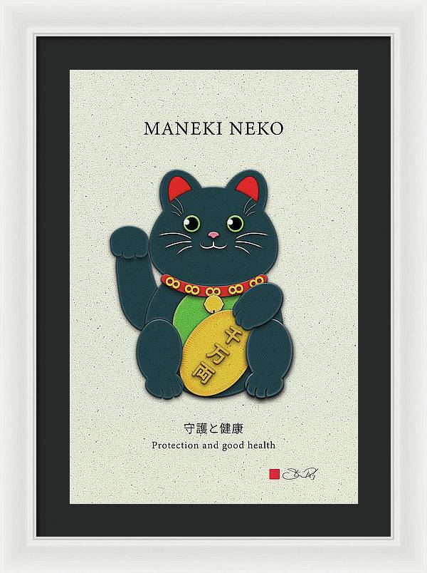 Black Maneki-Neko Warding Off Evil and Bringing Good Health - Framed Print - vrmediadecor.vrmedia.com.au