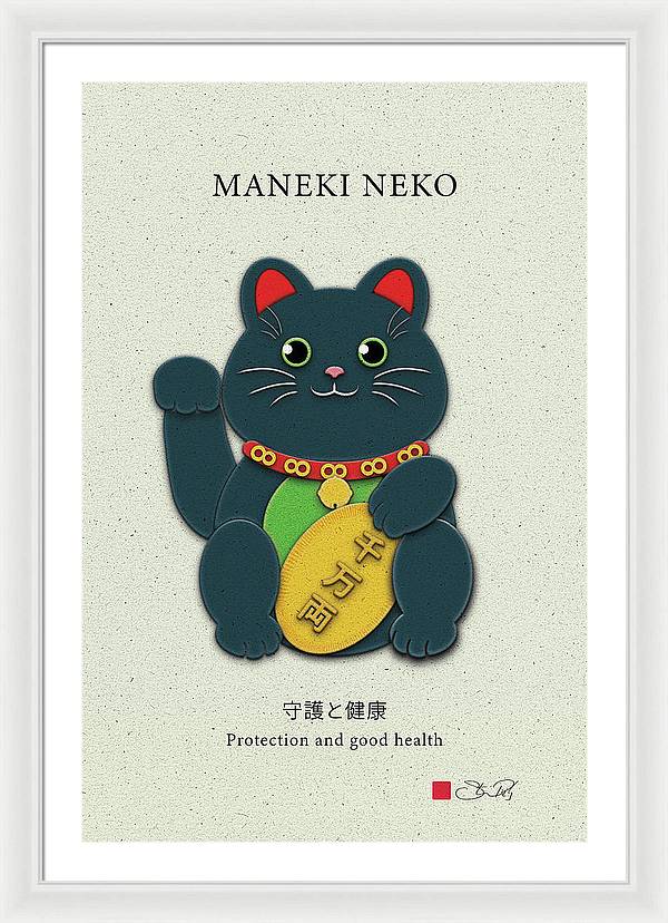 Black Maneki-Neko Warding Off Evil and Bringing Good Health - Framed Print - vrmediadecor.vrmedia.com.au