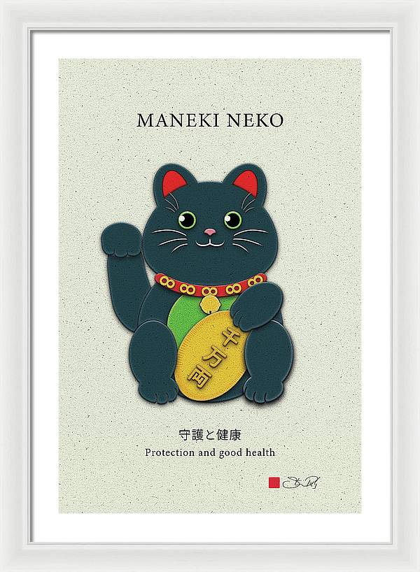 Black Maneki-Neko Warding Off Evil and Bringing Good Health - Framed Print - vrmediadecor.vrmedia.com.au