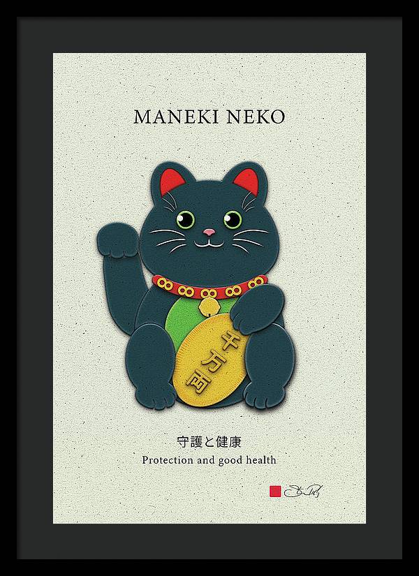 Black Maneki-Neko Warding Off Evil and Bringing Good Health - Framed Print - vrmediadecor.vrmedia.com.au