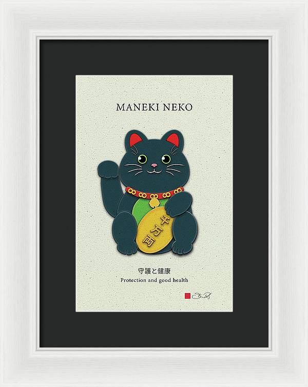 Black Maneki-Neko Warding Off Evil and Bringing Good Health - Framed Print - vrmediadecor.vrmedia.com.au