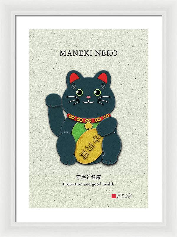 Black Maneki-Neko Warding Off Evil and Bringing Good Health - Framed Print - vrmediadecor.vrmedia.com.au
