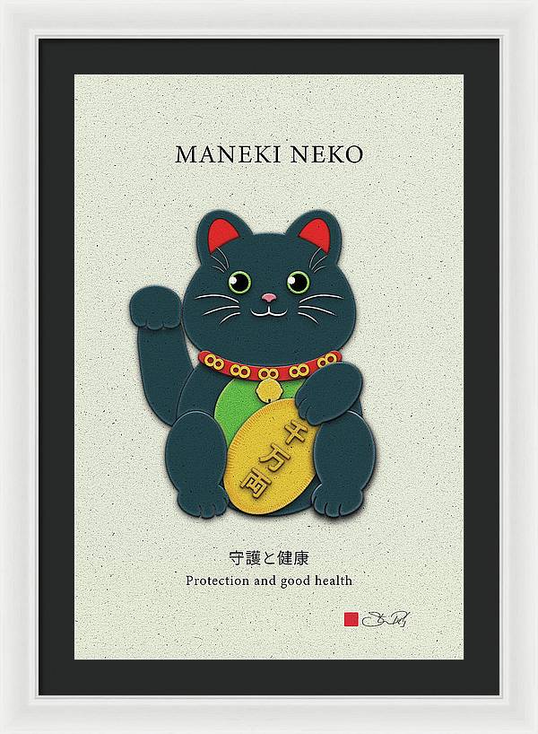Black Maneki-Neko Warding Off Evil and Bringing Good Health - Framed Print - vrmediadecor.vrmedia.com.au