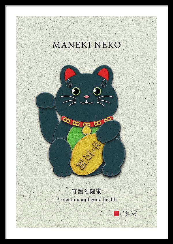 Black Maneki-Neko Warding Off Evil and Bringing Good Health - Framed Print - vrmediadecor.vrmedia.com.au