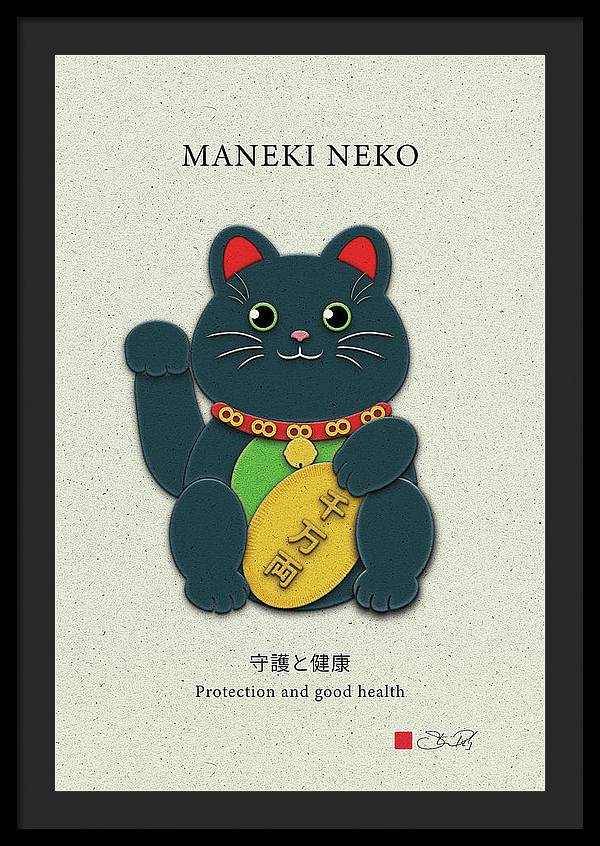 Black Maneki-Neko Warding Off Evil and Bringing Good Health - Framed Print - vrmediadecor.vrmedia.com.au