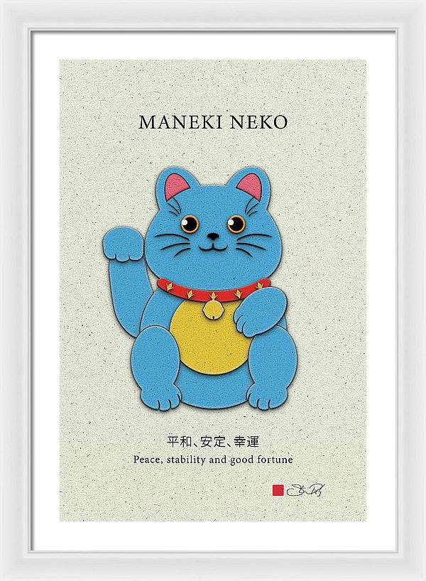 Blue Maneki-Neko Bringing Peace, Stability, and Good Fortune - Framed Print - vrmediadecor.vrmedia.com.au