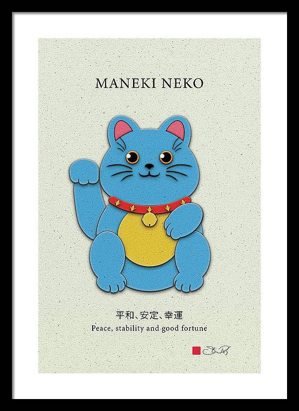 Blue Maneki-Neko Bringing Peace, Stability, and Good Fortune - Framed Print - vrmediadecor.vrmedia.com.au