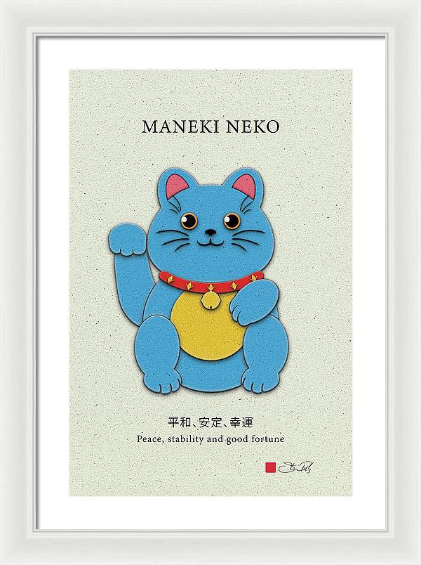 Blue Maneki-Neko Bringing Peace, Stability, and Good Fortune - Framed Print - vrmediadecor.vrmedia.com.au