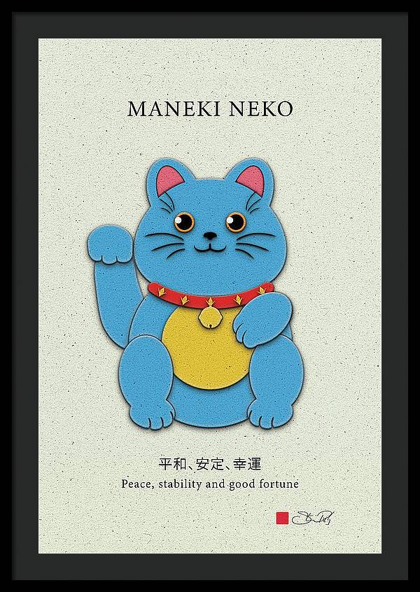 Blue Maneki-Neko Bringing Peace, Stability, and Good Fortune - Framed Print - vrmediadecor.vrmedia.com.au