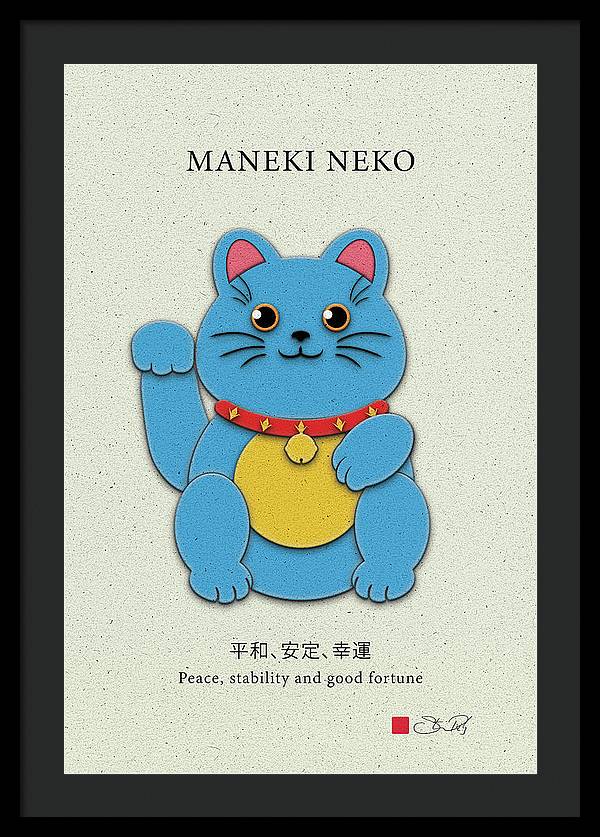 Blue Maneki-Neko Bringing Peace, Stability, and Good Fortune - Framed Print - vrmediadecor.vrmedia.com.au